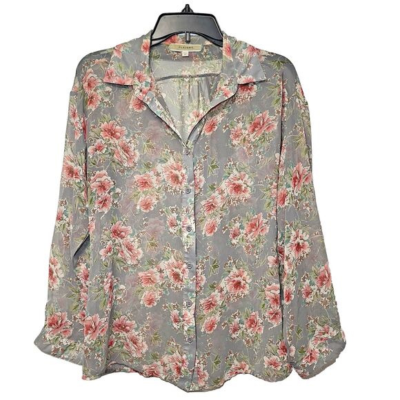 Pleione Light Gray Floral Long Sleeve Button Up Blouse Wmn's Sz Medium Sheer - Picture 1 of 6